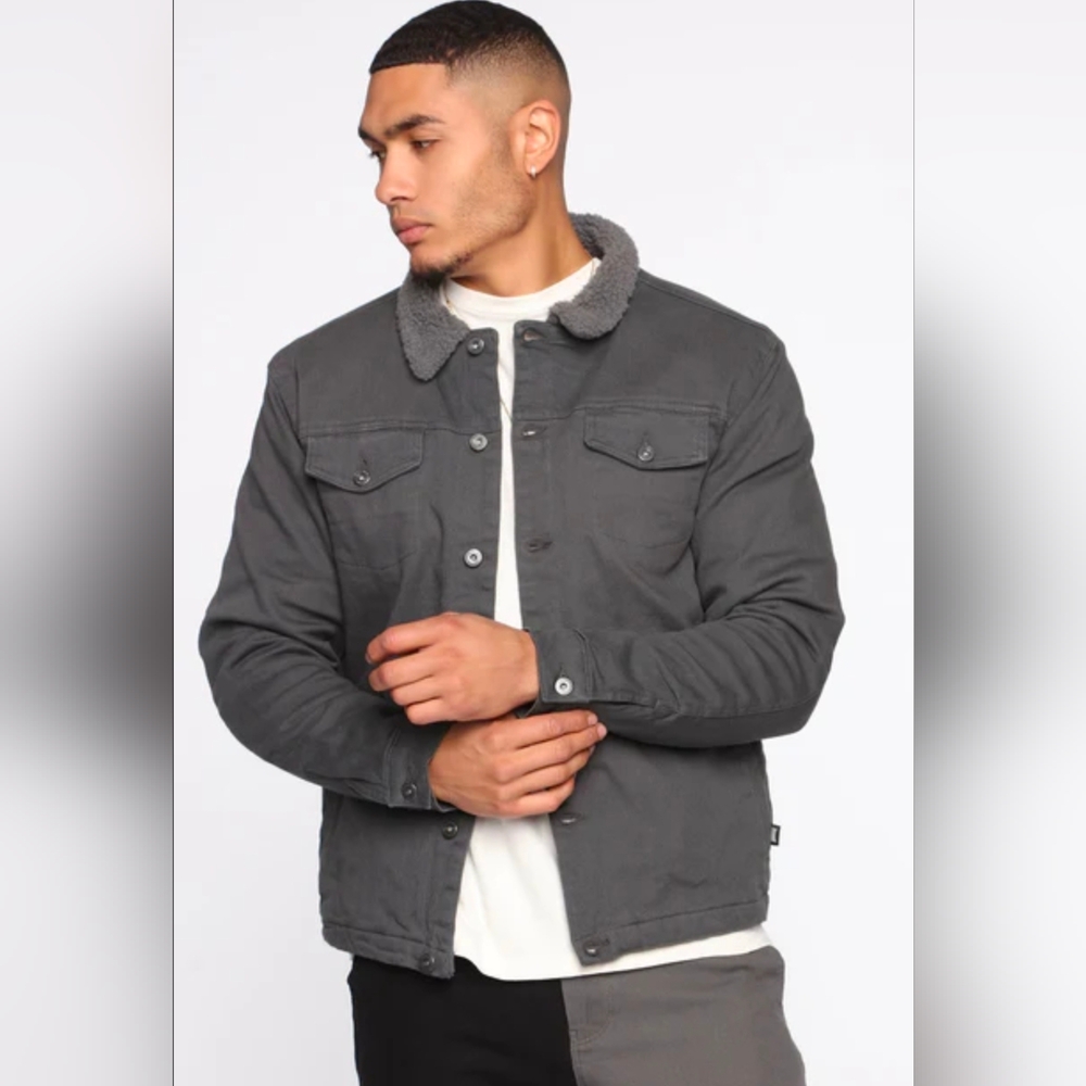 Men's Gray Sherpa-Lined Collar Jacket Canvas XL New
